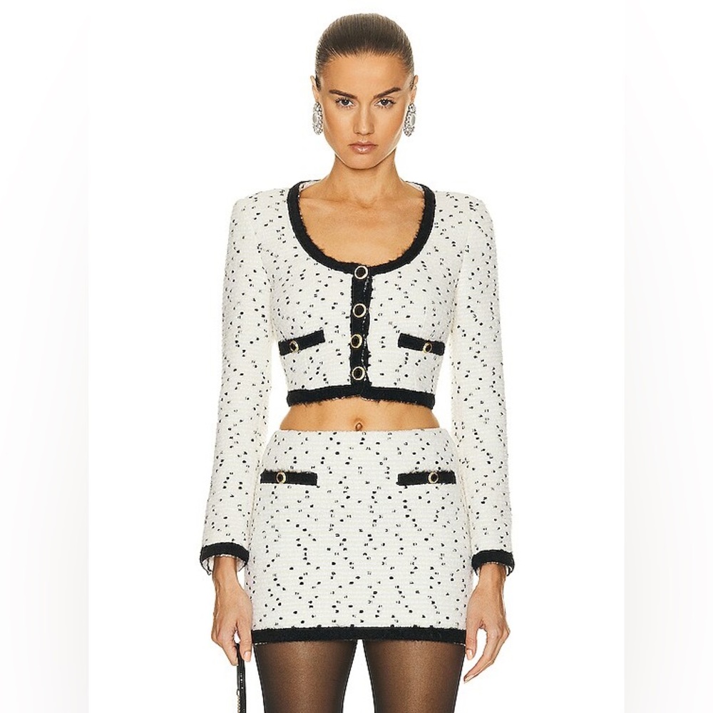 NWT Alessandra Rich Black Tweed Boucle Cropped Blazer Polka dot  Size 42,US 6, M